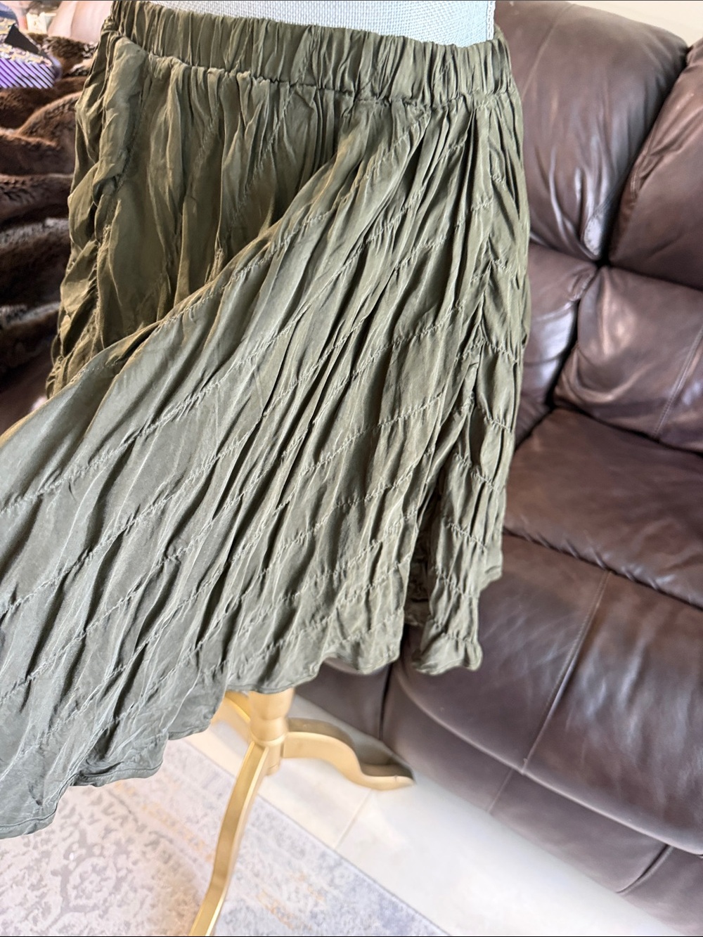 DKNY Olive Green Silk Gathered Skirt